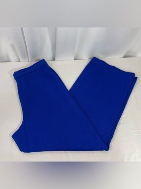 St John Collection Blue Knit Pants L Santana Wool Rayon Pull On Wide Leg Luxury
